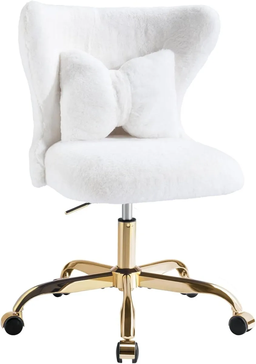 Vanity Chair with Gold Wheels Bow Pillow Fluffy - Image 1