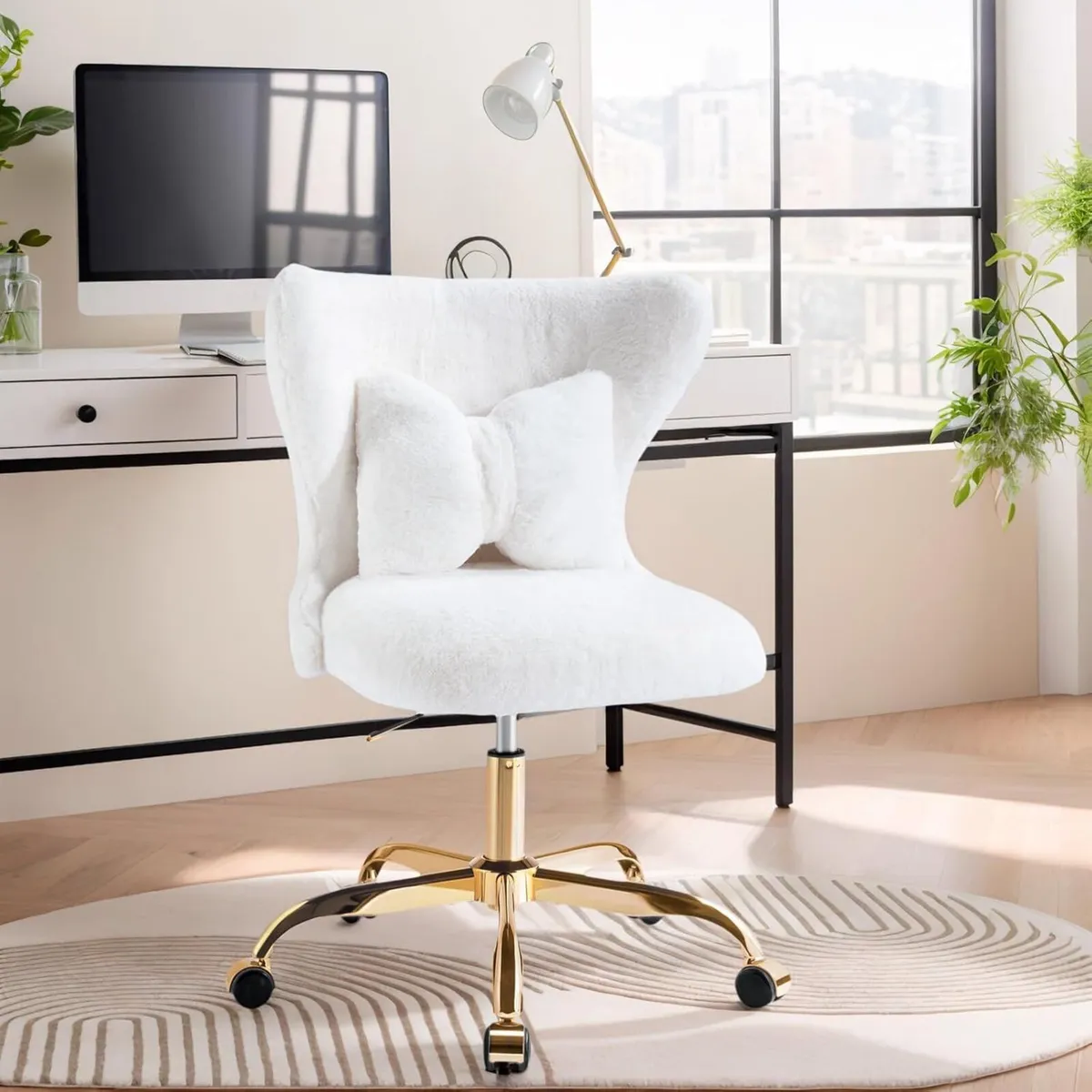 Vanity Chair with Gold Wheels Bow Pillow Fluffy - Image 2