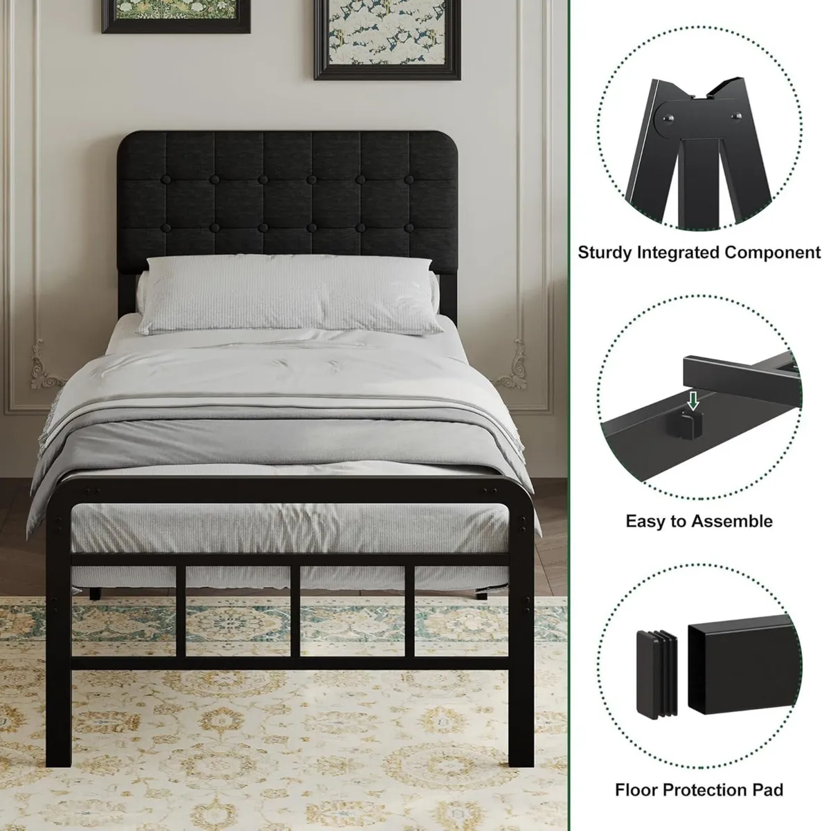 3ft Single Bed Frame with Upholstered Headboard - Image 4