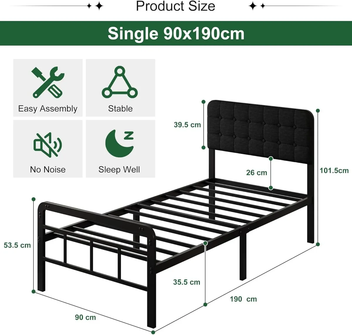 3ft Single Bed Frame with Upholstered Headboard - Image 2