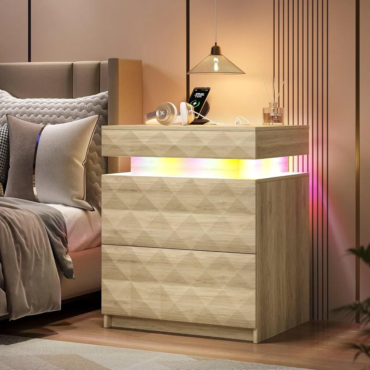 LED Bedside Table with Charging Station 3 Drawers - Image 1