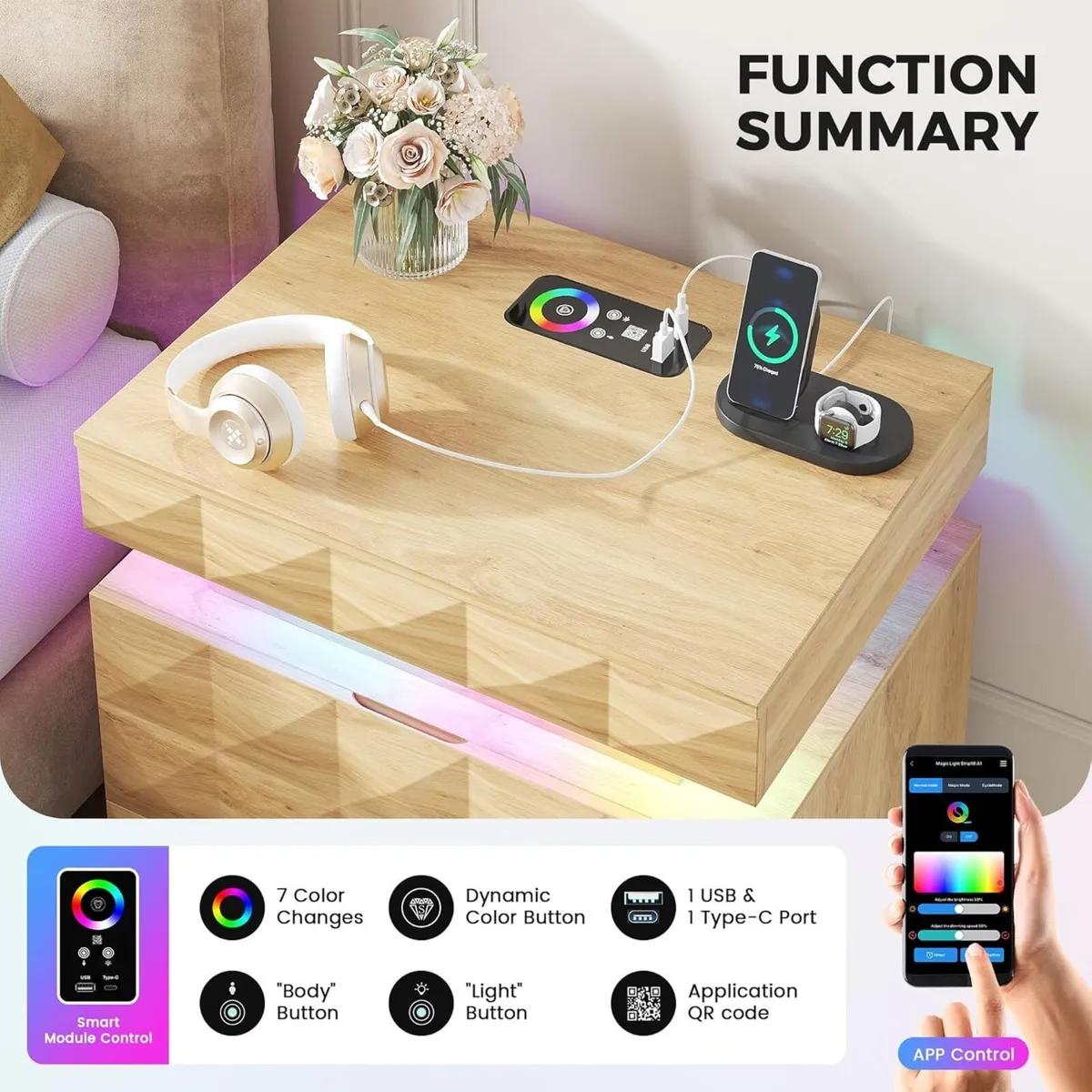 LED Bedside Table with Charging Station 3 Drawers - Image 3