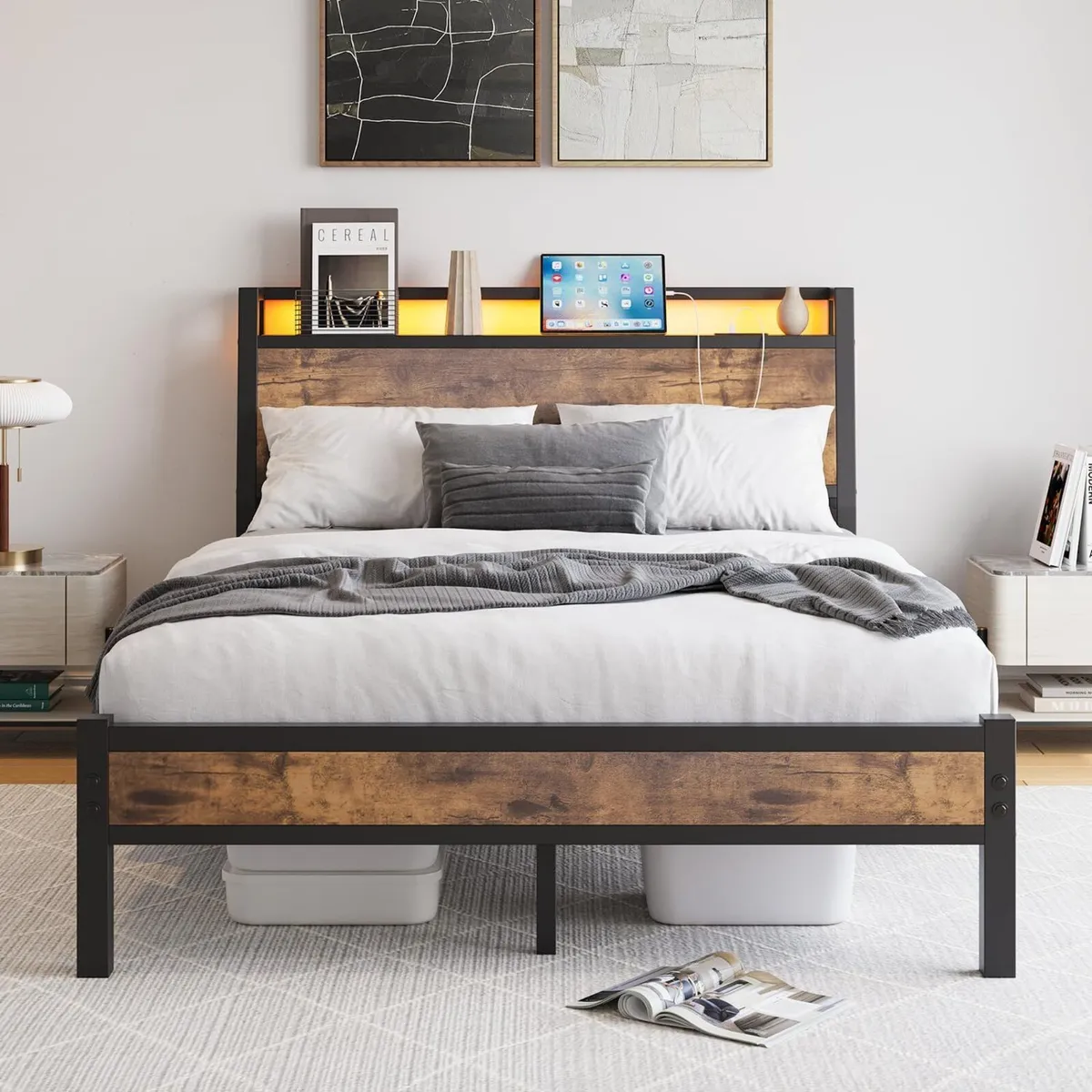 Double Size Bed Frame with Charging Station and - Image 1