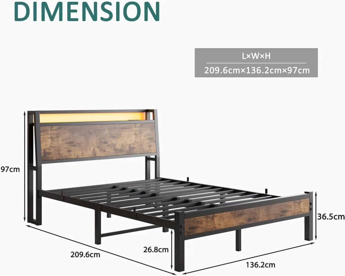 Double Size Bed Frame with Charging Station and - Image 2
