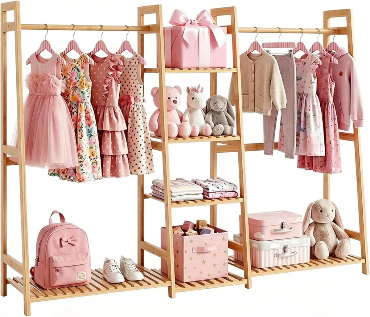 Kids Clothing Rack with Shelves Bamboo Clothes - Image 1