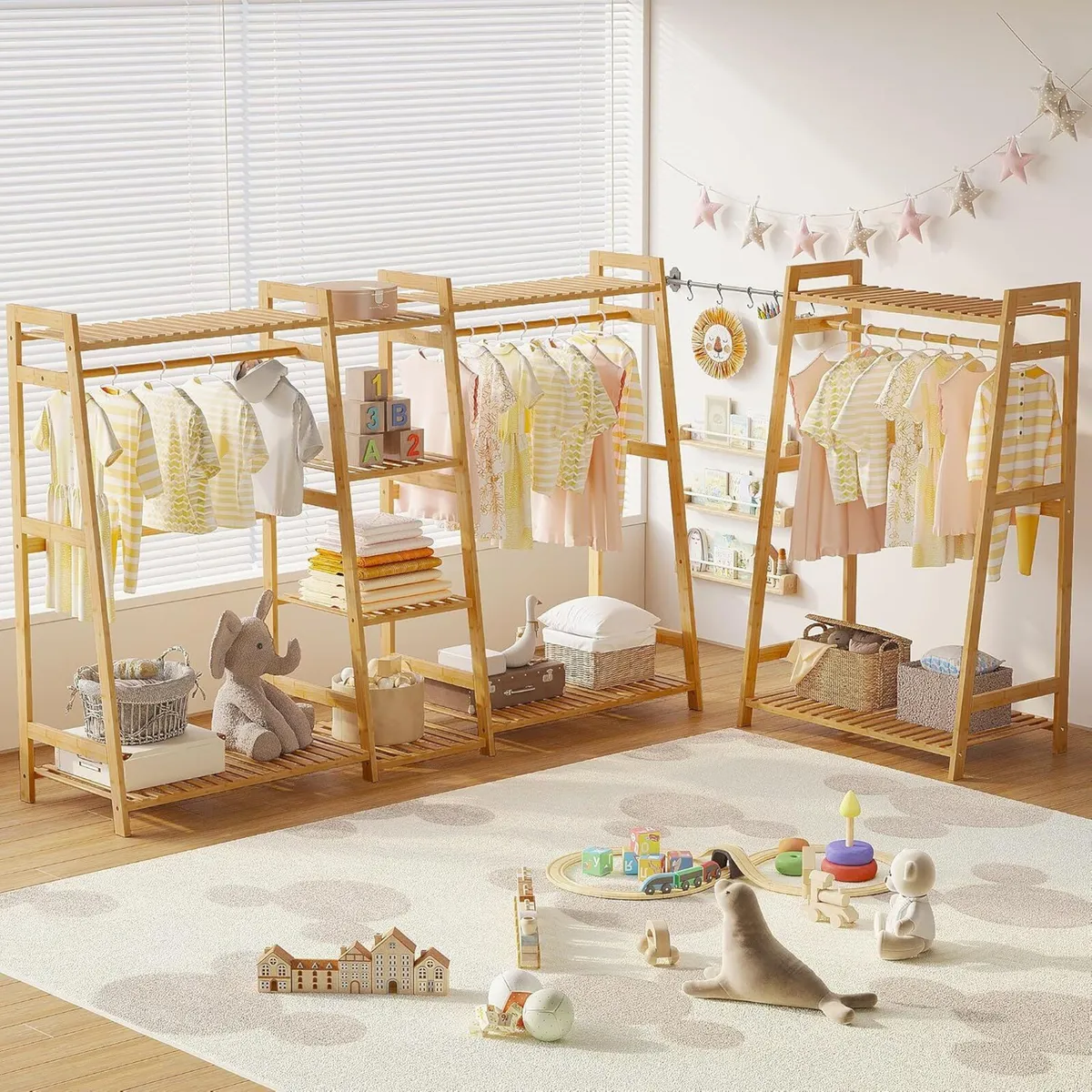Kids Clothing Rack with Shelves Bamboo Clothes - Image 2