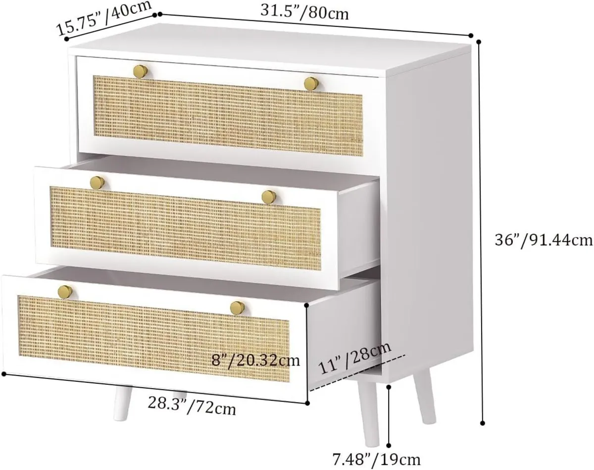 3 Drawer Rattan Dresser Boho Chest of Drawers for - Image 3