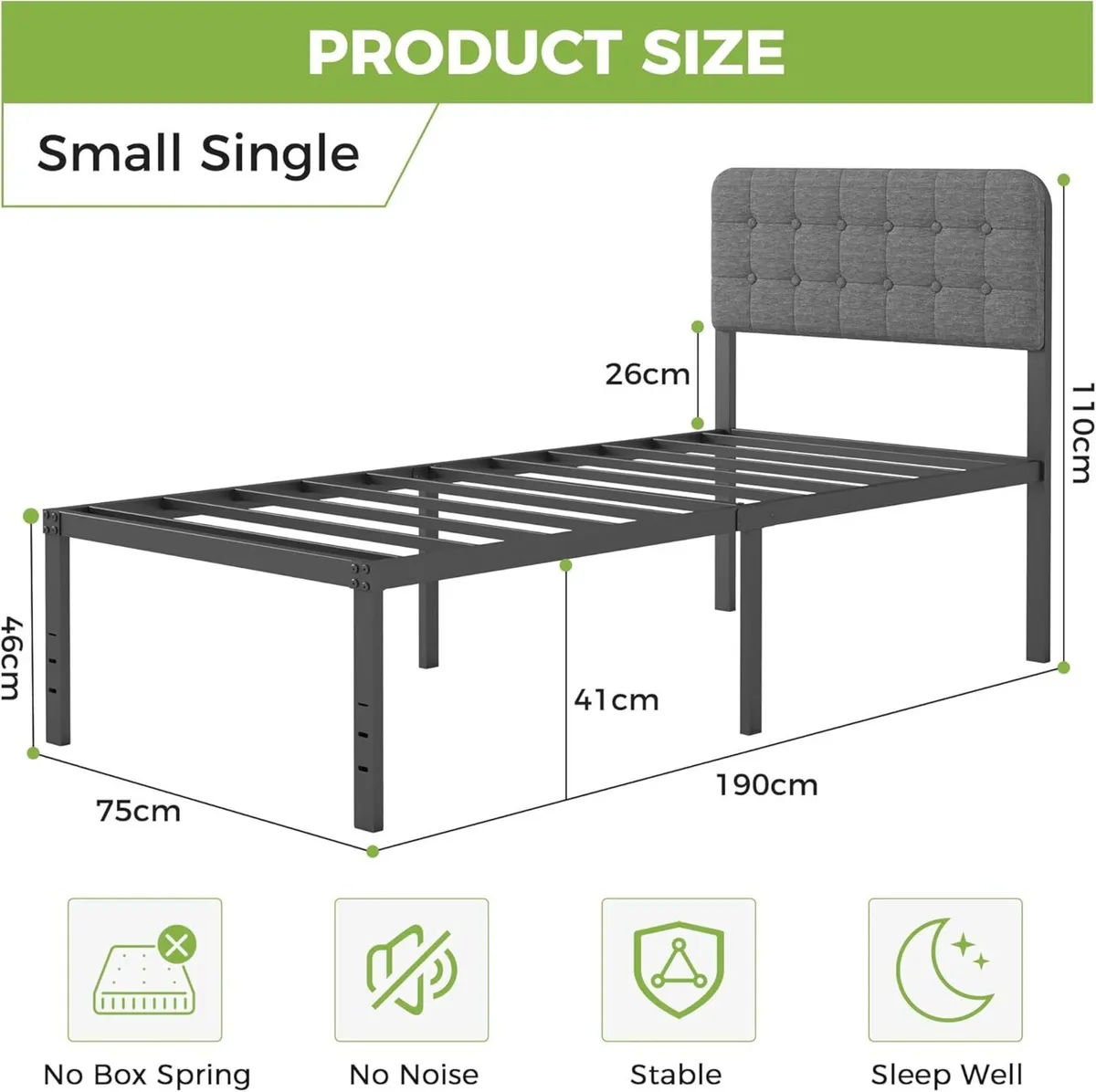 46 cm High Small Single Bed Frame with Upholstered - Image 2