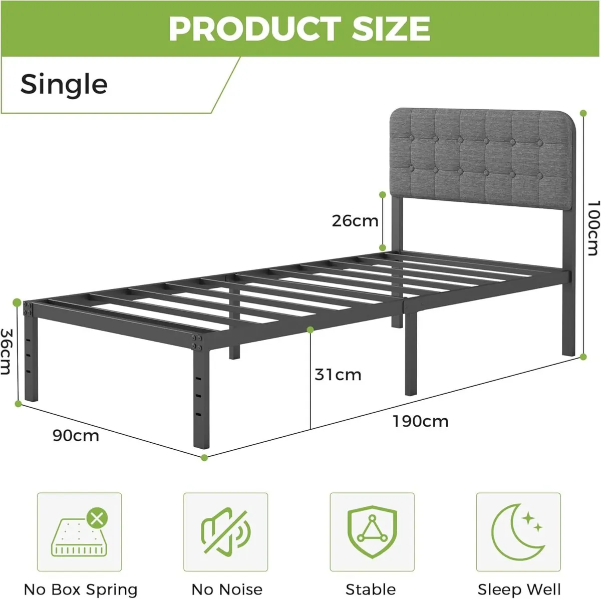 Single Bed Frame with Upholstered Headboard 36 cm - Image 2