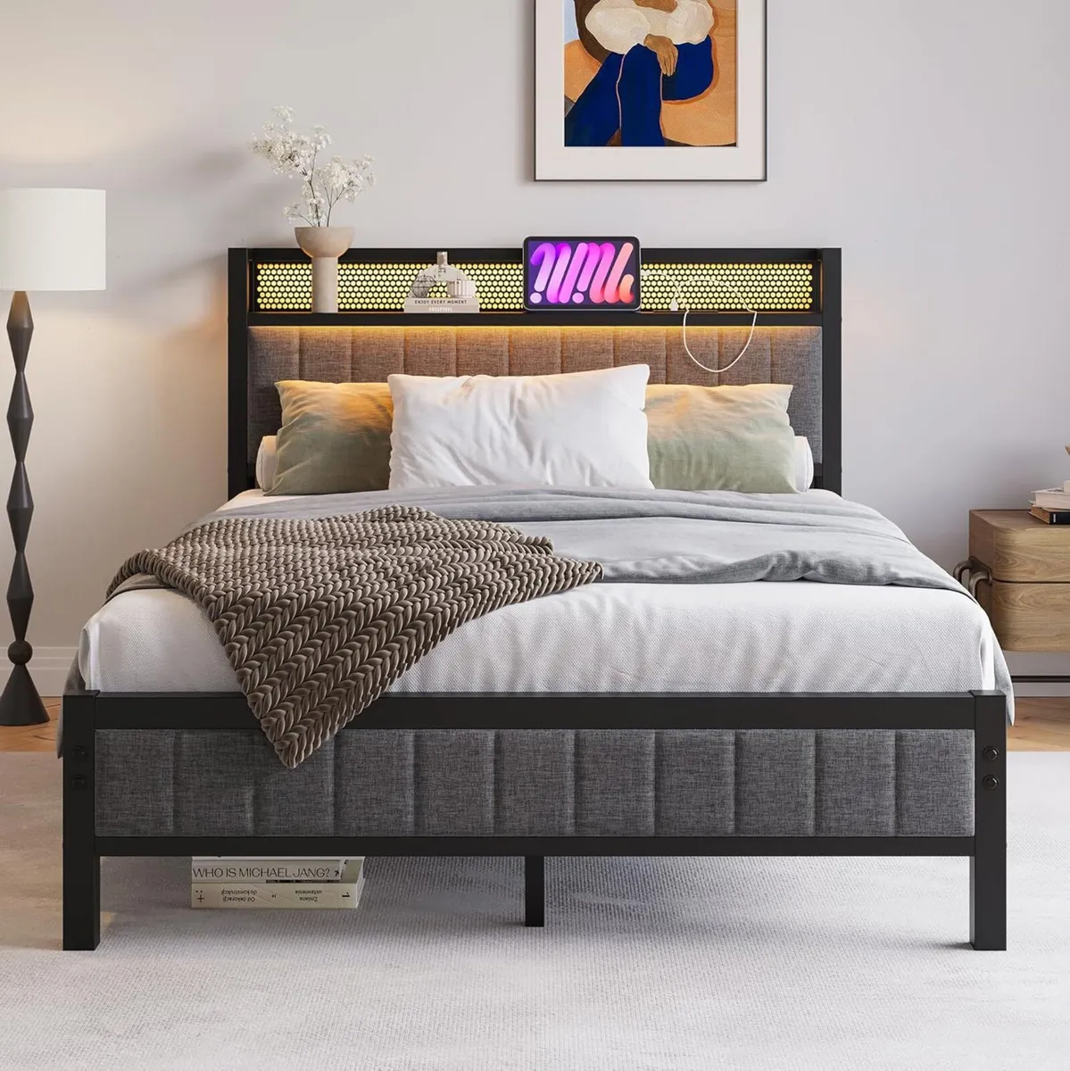 Double Bed Frame with Wooden Storage Headboard - Image 1