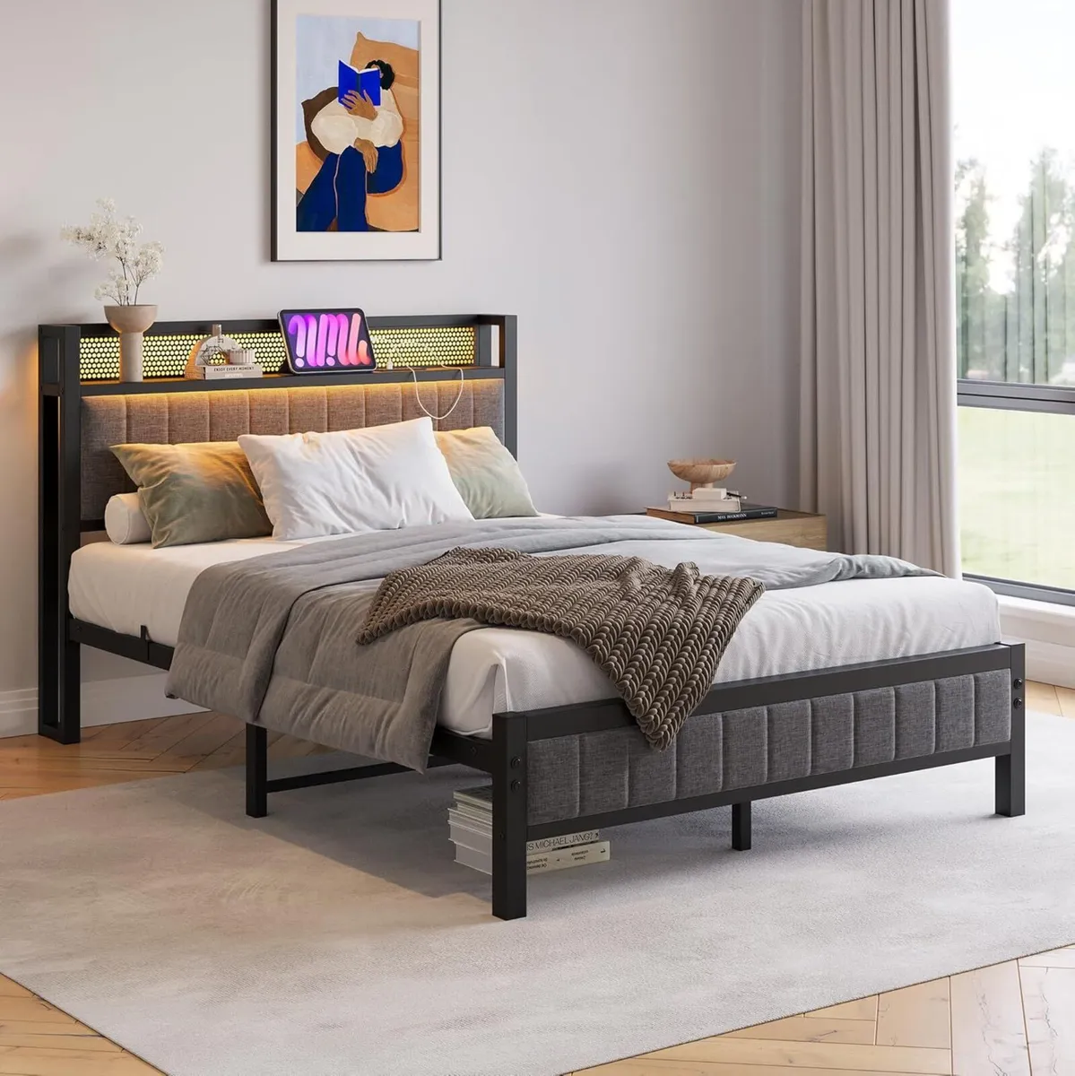 Double Bed Frame with Wooden Storage Headboard - Image 3