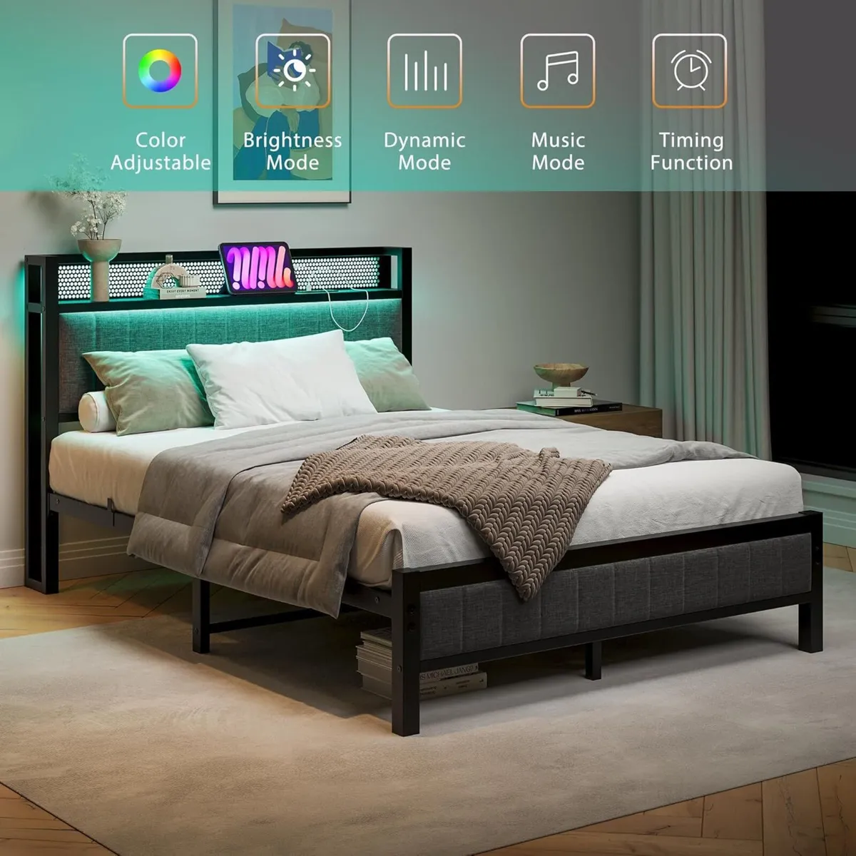 Double Bed Frame with Wooden Storage Headboard - Image 4