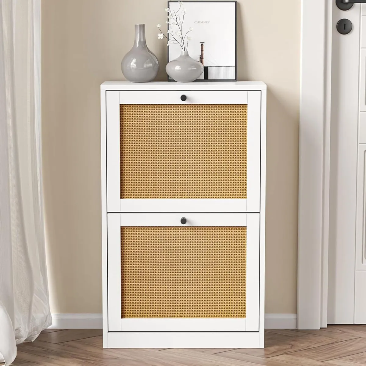 White Rattan Shoe Cabinet Wooden Rack with 2 Flip - Image 1