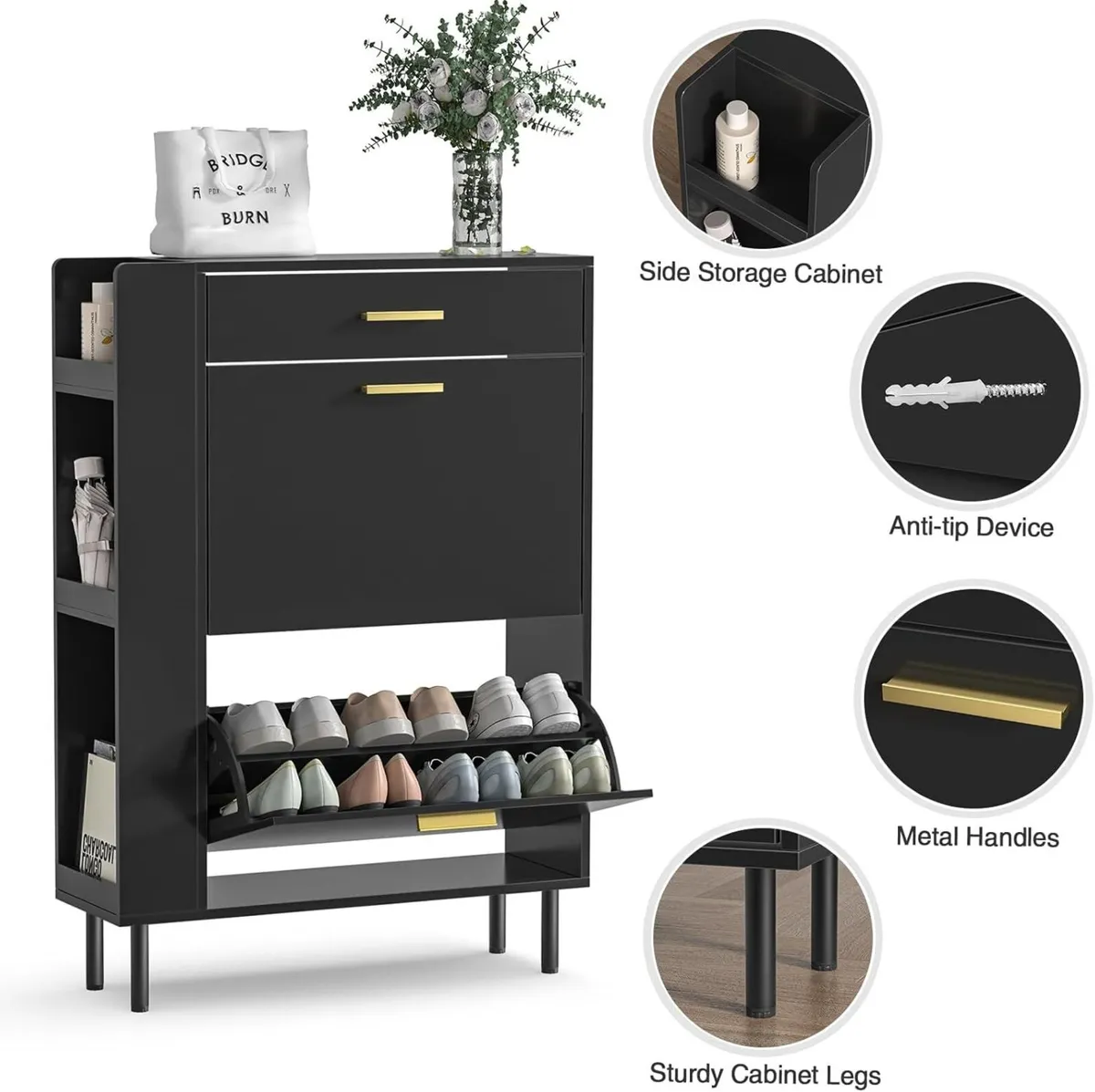 Wooden Shoe Storage Cabinet with 2 Flip Drawers - Image 4