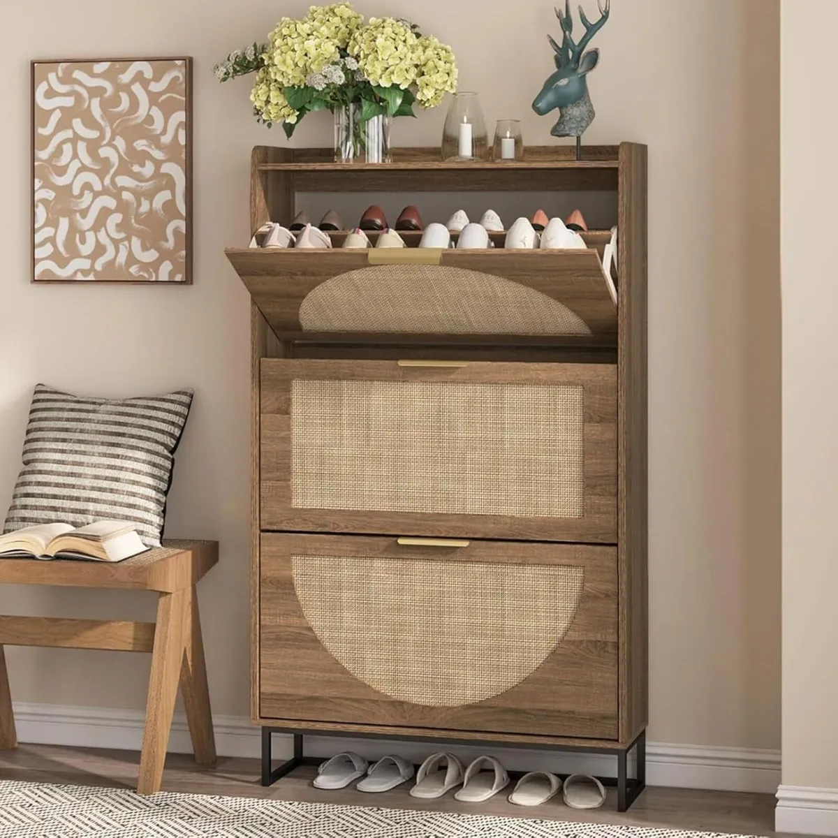 Rattan Shoe Storage Cabinet with Adjustable - Image 1