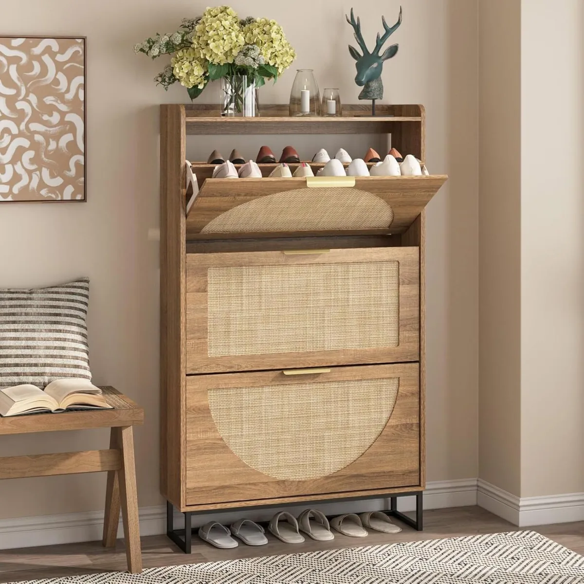 Rattan Shoe Storage Cabinet with Adjustable - Image 4