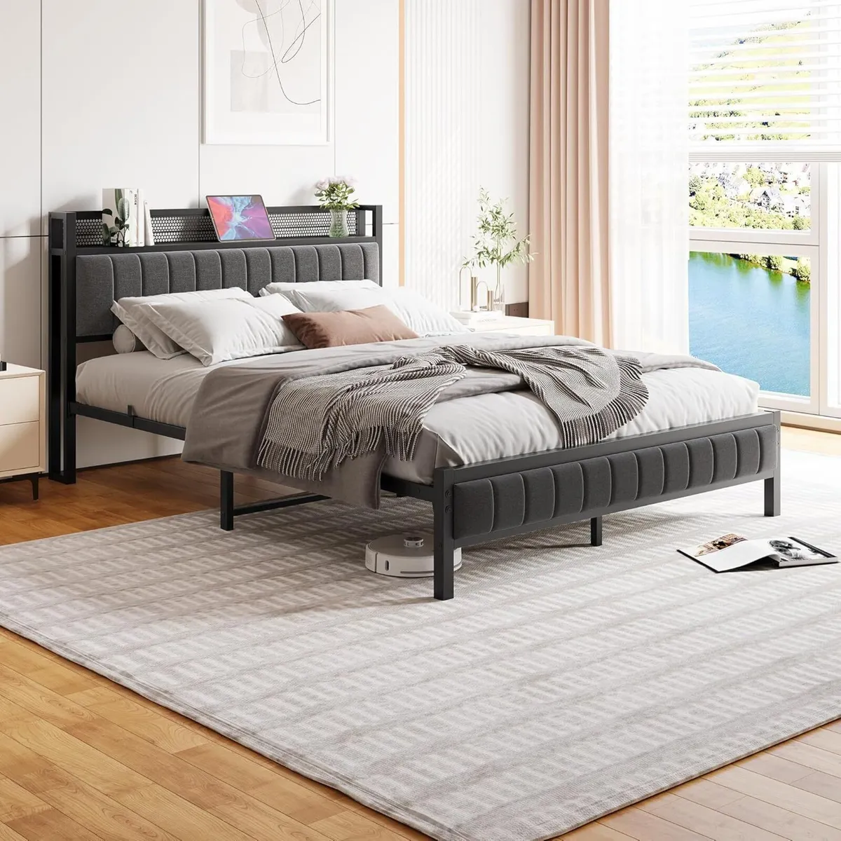 King Size Bed Frame with Wooden Storage Headboard - Image 3