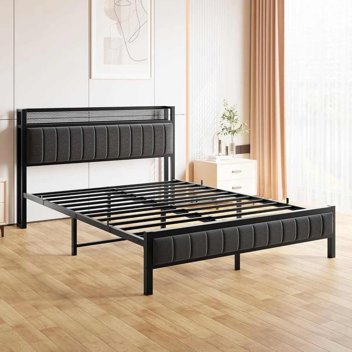 King Size Bed Frame with Wooden Storage Headboard - Image 4