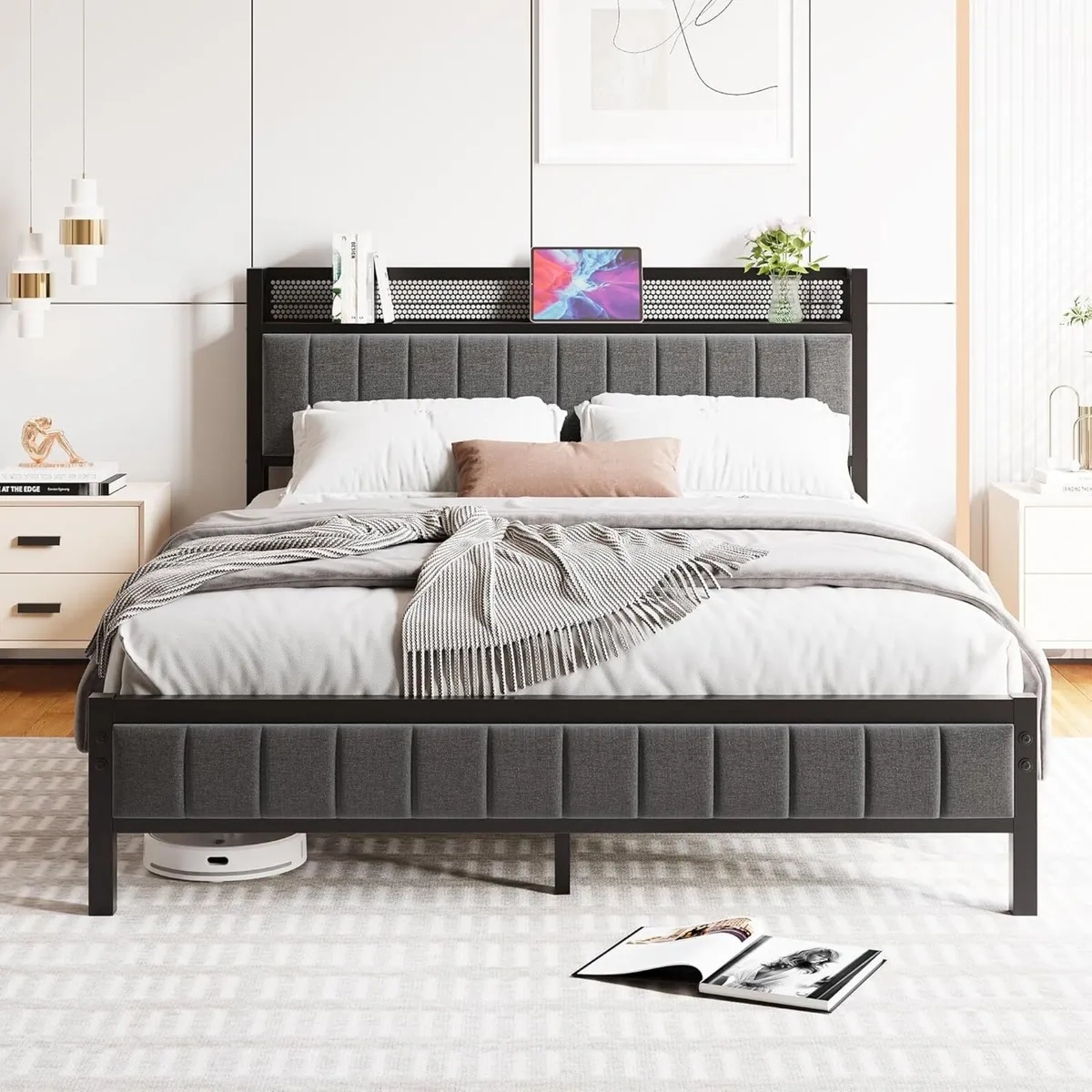 King Size Bed Frame with Wooden Storage Headboard - Image 1