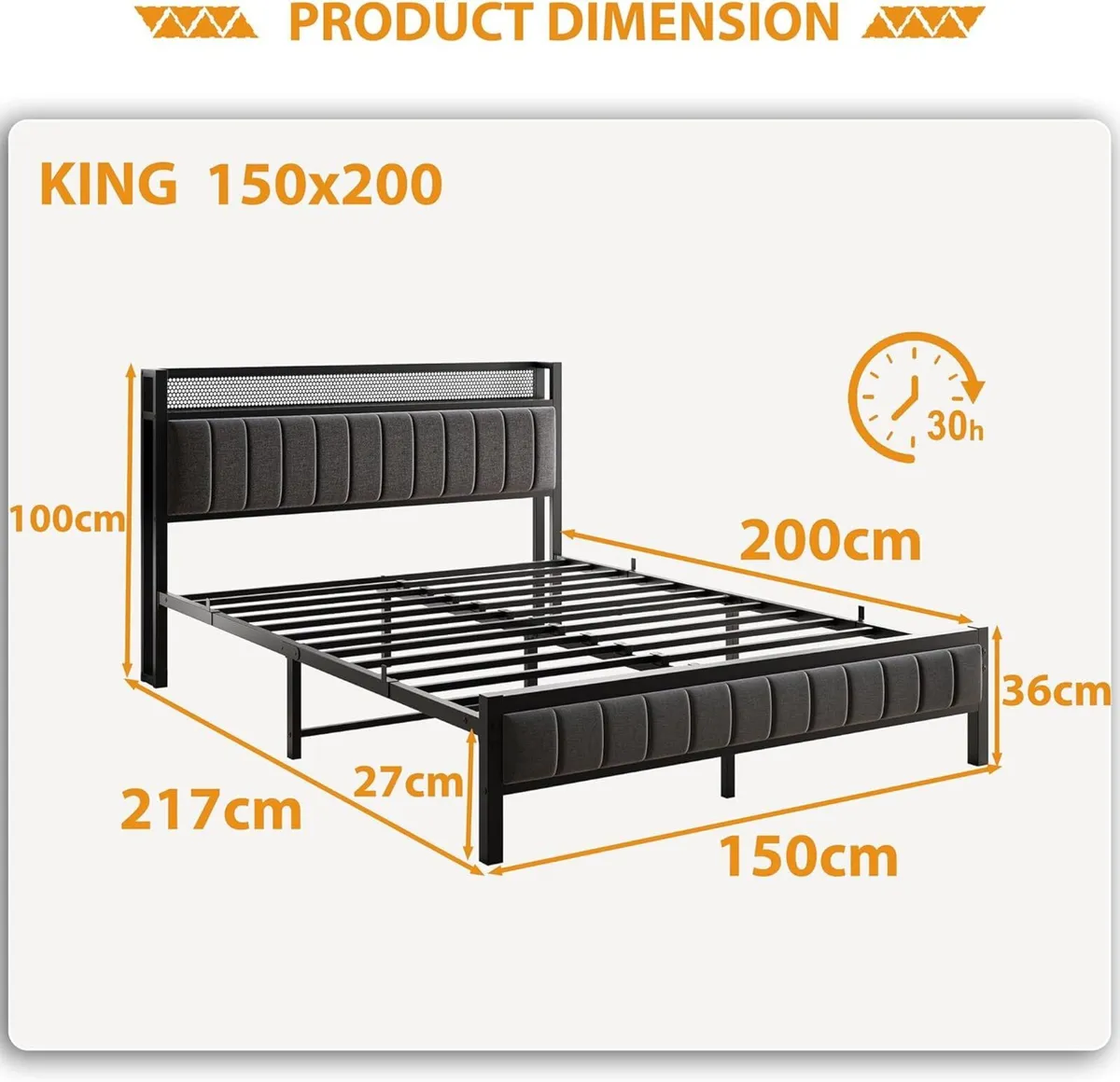 King Size Bed Frame with Wooden Storage Headboard - Image 2