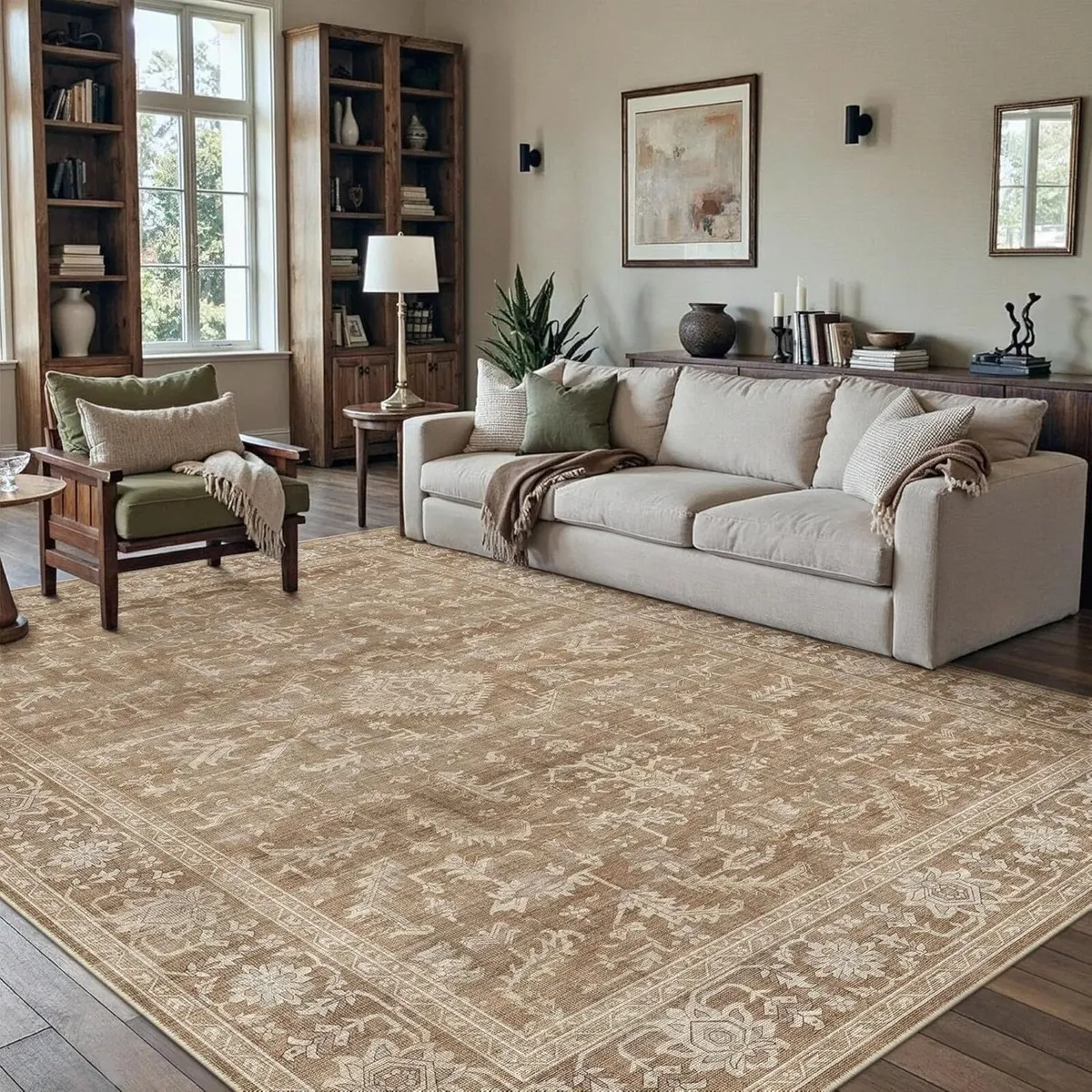 160x230cm Washable Rugs Living Room Brown Vintage - Image 1