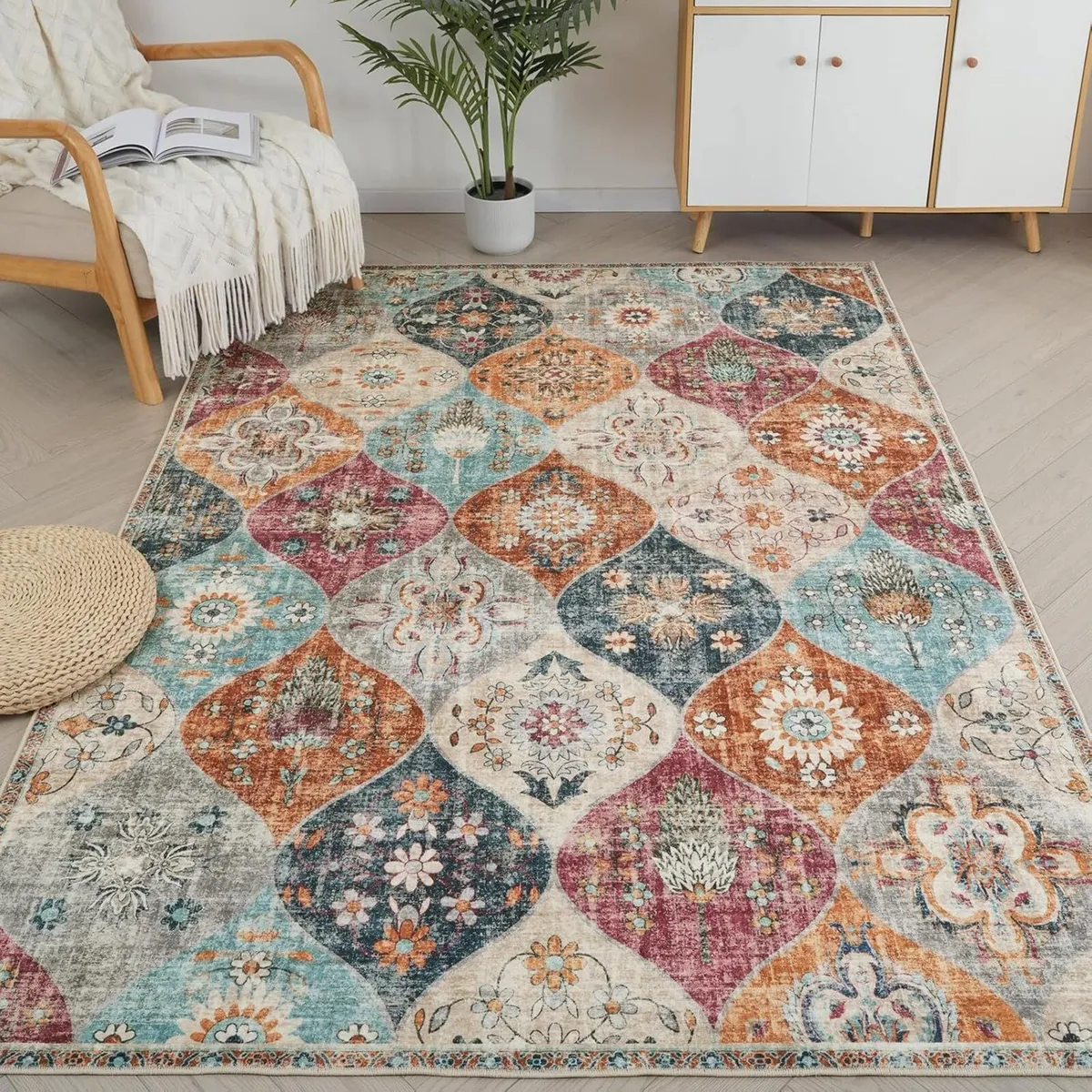 Moroccan Trellis Washable Living Room Rug - Retro - Image 1