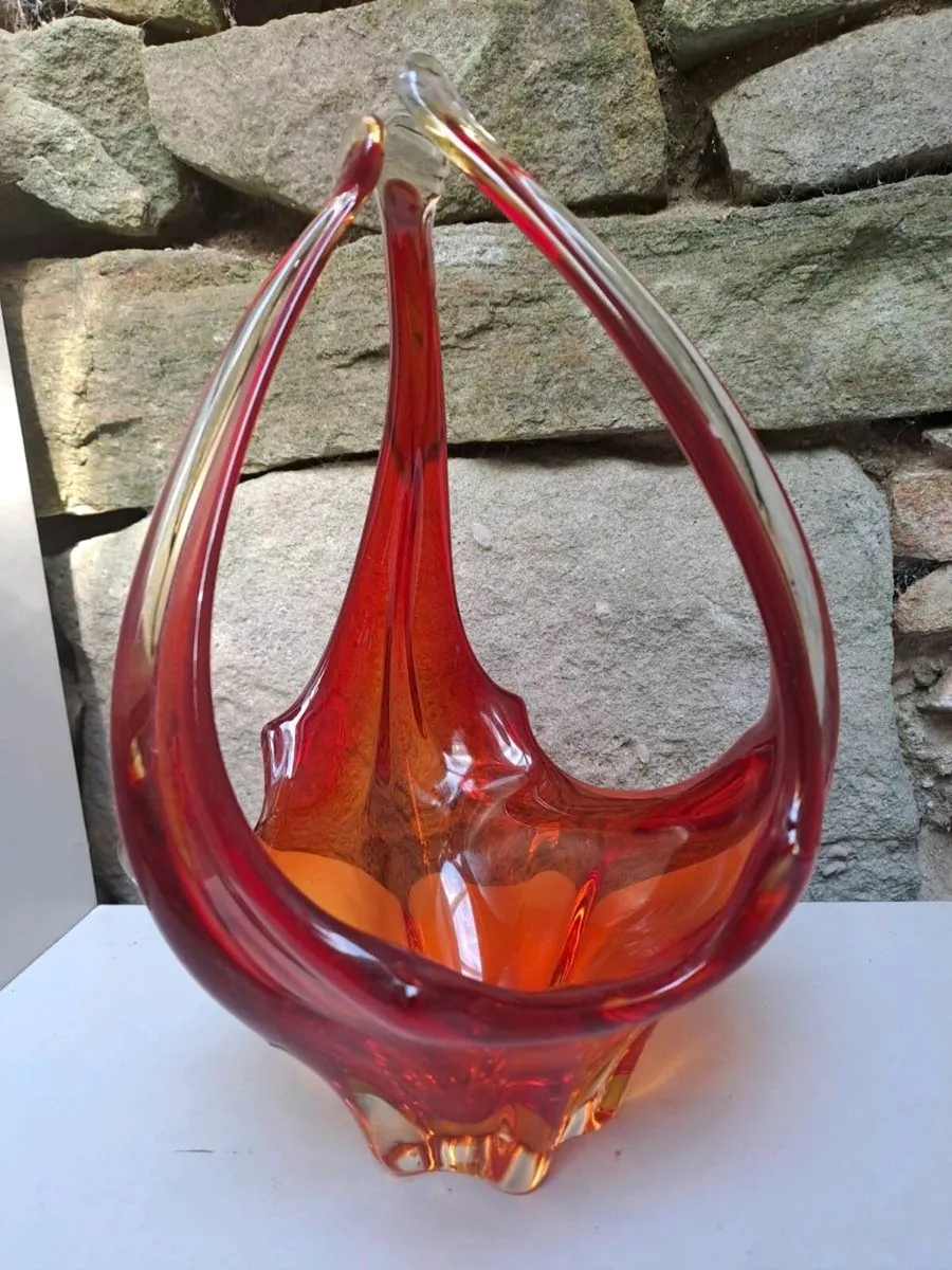 Vintage Red & Amber Art Glass Basket Bowl / Centre - Image 1