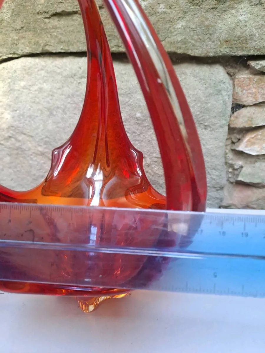 Vintage Red & Amber Art Glass Basket Bowl / Centre - Image 3