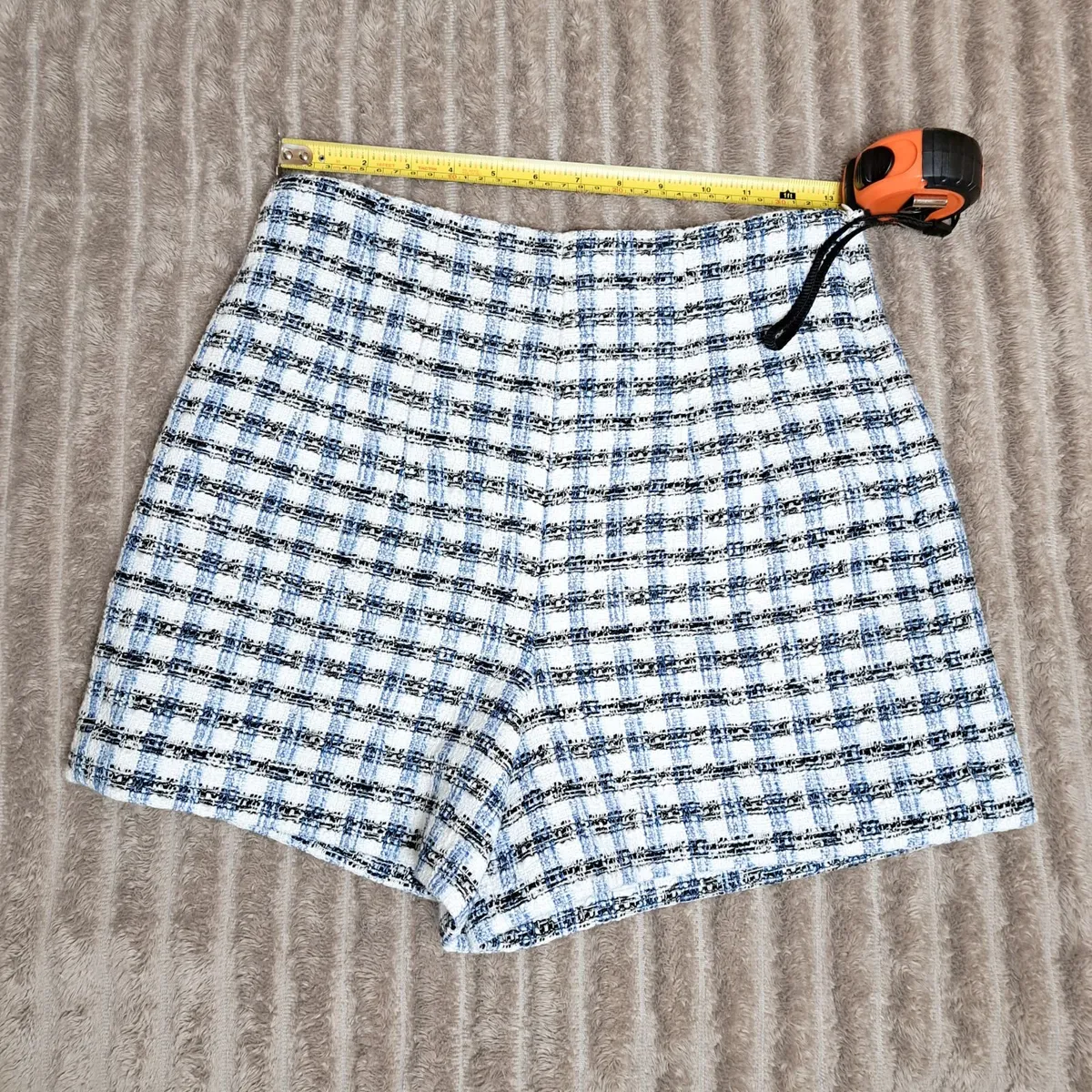Zara Blue White Plaid Check Tweed Shorts M - Image 4