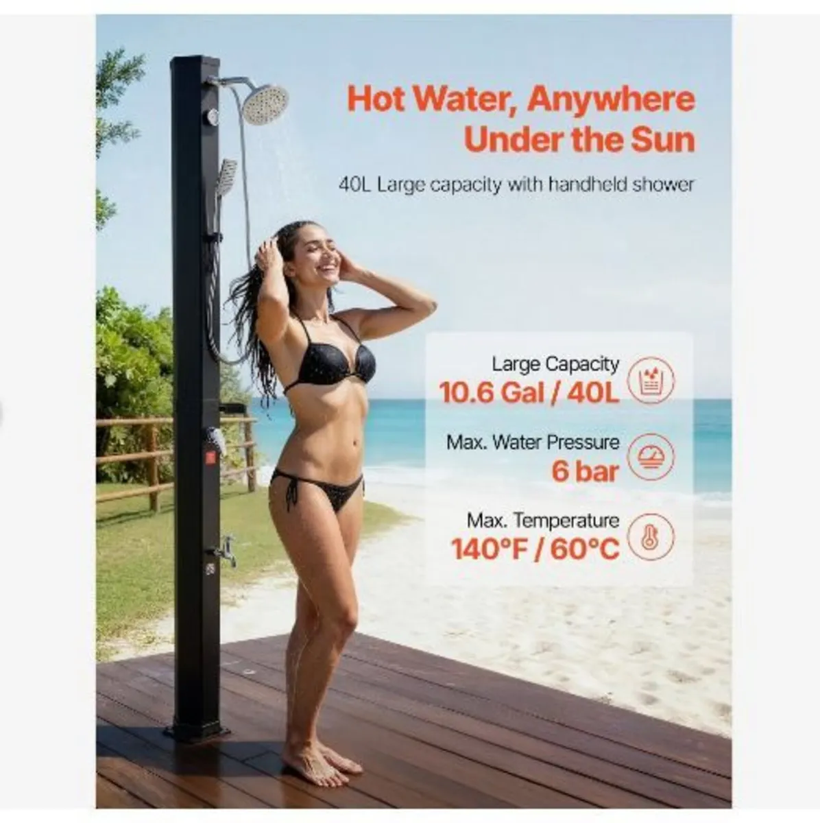 40L Solar Heated Shower, 205cm - Image 1