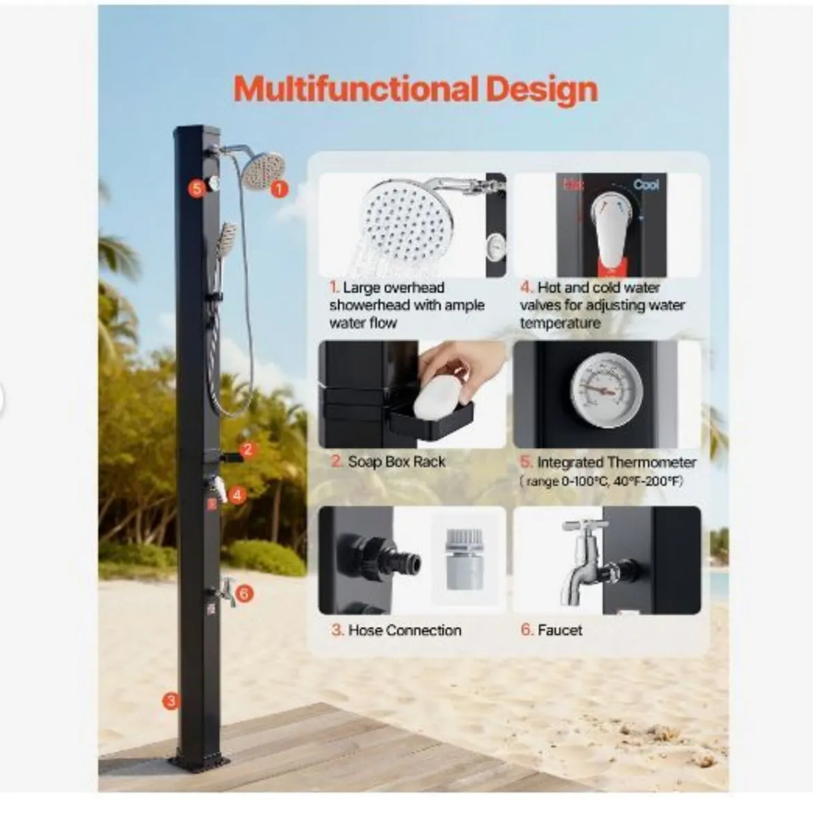 40L Solar Heated Shower, 205cm - Image 3