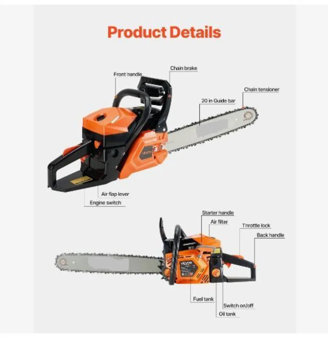 58 cc Gas Chainsaw, 20 inch Gas Powered - Image 3