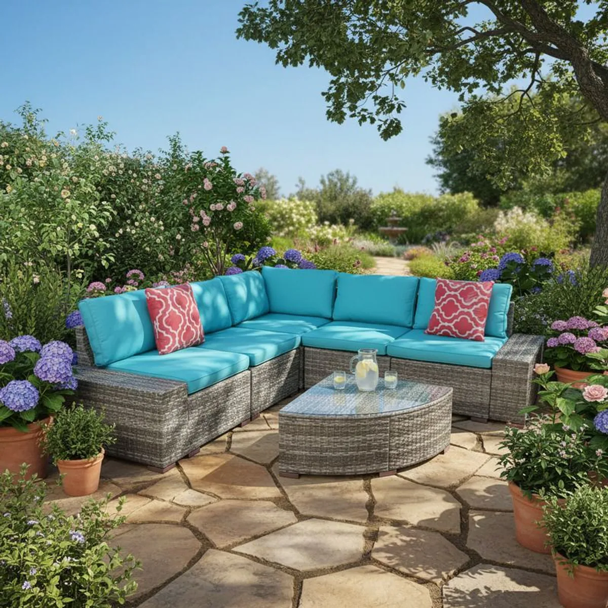 Victoria Corner Garden Sofa Set Large Outdoor Rattan Lounge with Table 220x220cm - Image 2
