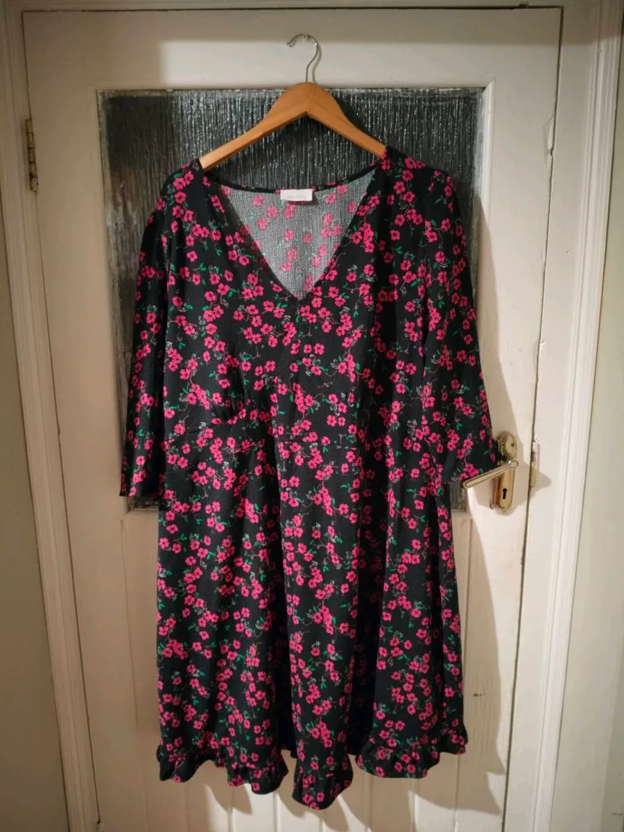 Yours London. Dress with pink flowers on black bac - Image 1