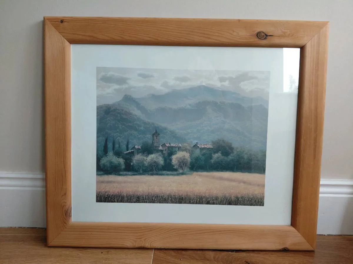 Framed Landscape Print – Village & Mountain Scene
