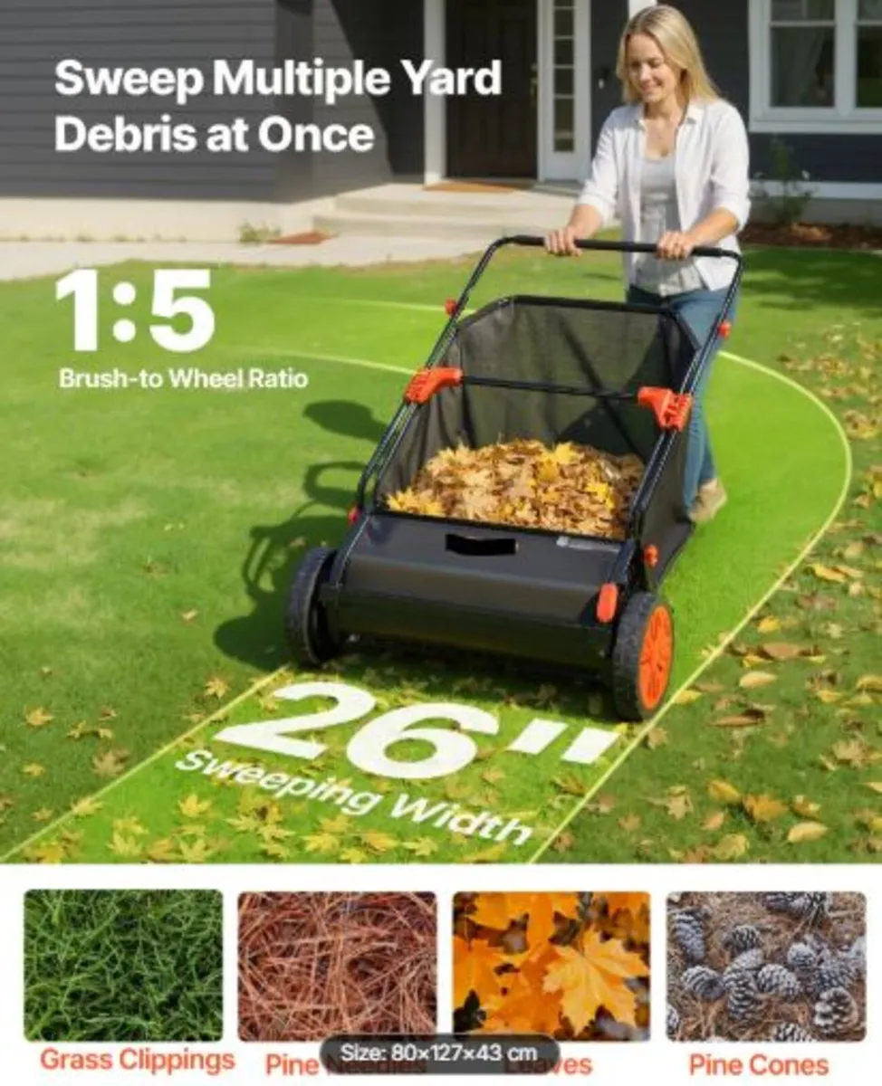 Push Lawn Sweeper, 66 cm Leaf & Grass Collector - Image 2