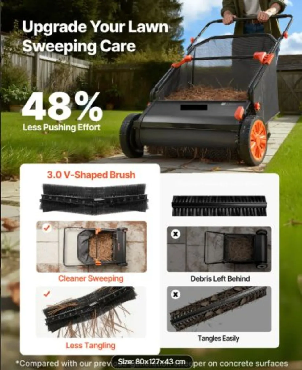 Push Lawn Sweeper, 66 cm Leaf & Grass Collector - Image 3
