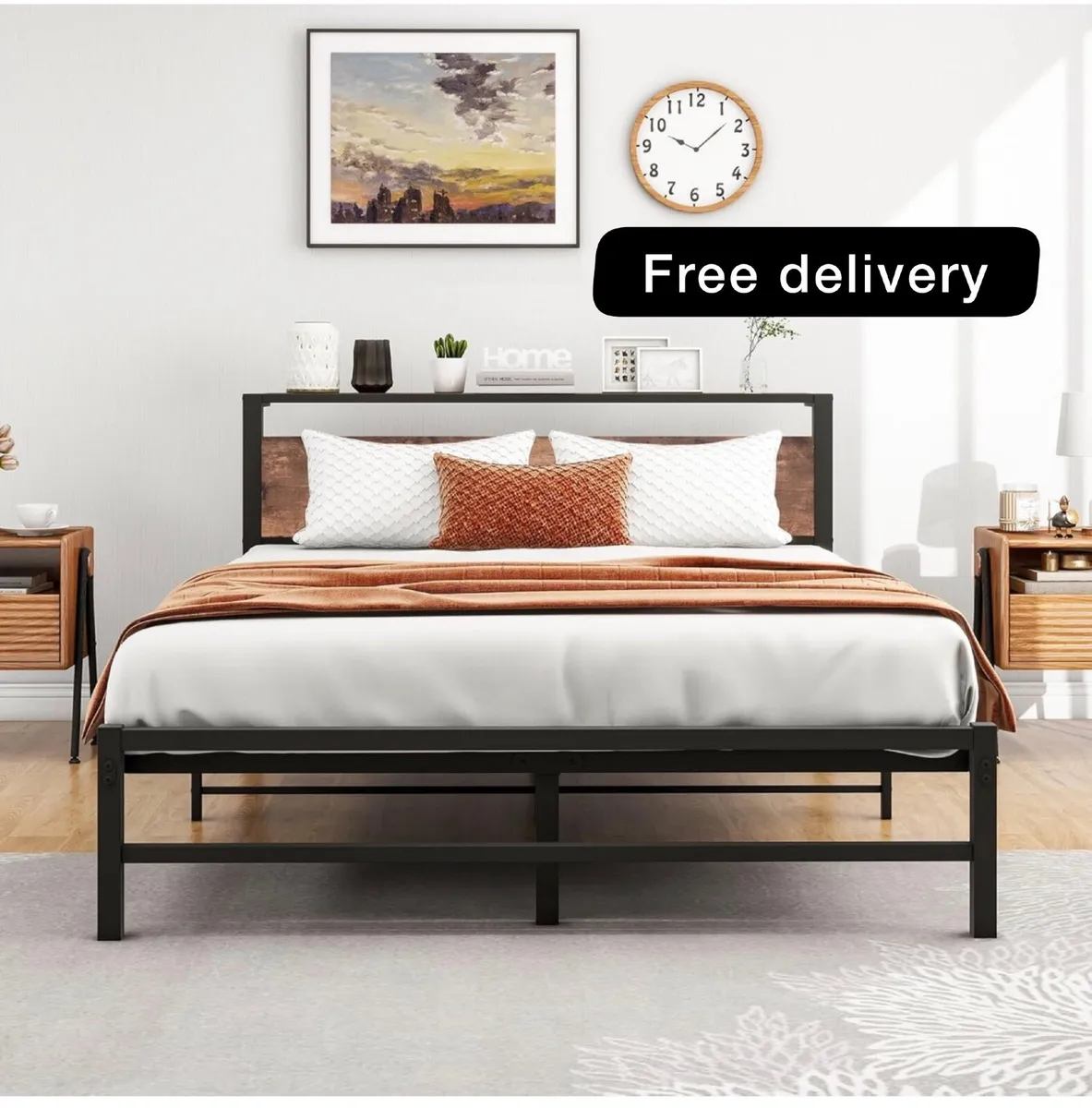 5ft King Metal Platform Bed Frame with Wooden Stor - Image 1