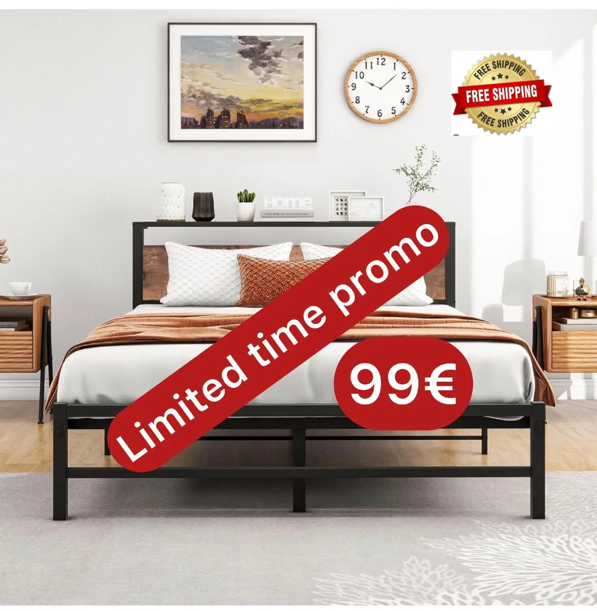 5ft King Metal Platform Bed Frame with Wooden Stor - Image 1