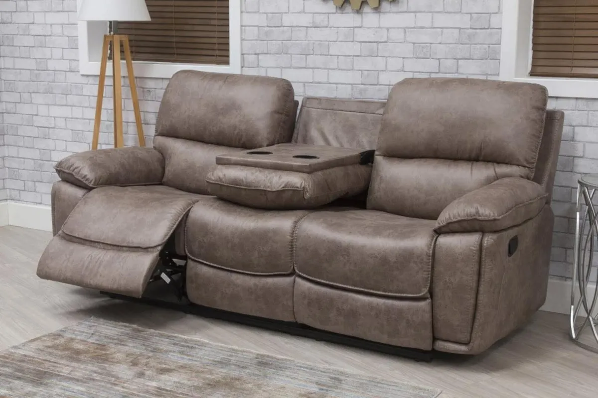 Oxford Grey & Brown Suede Fabric Recliner Sofa - Image 2