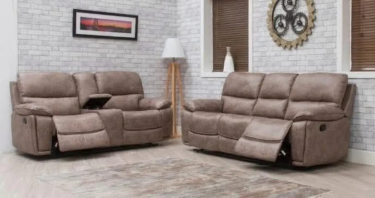 Oxford Grey & Brown Suede Fabric Recliner Sofa - Image 1