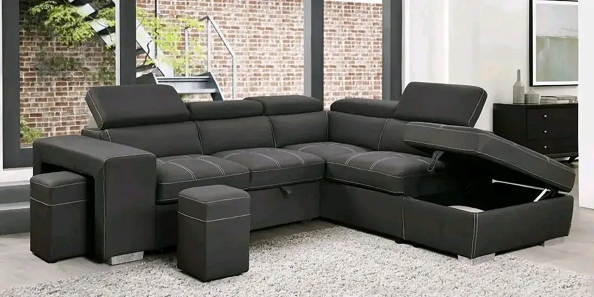 New Monaco Corner Grey Suede Sofa Bed - Image 1