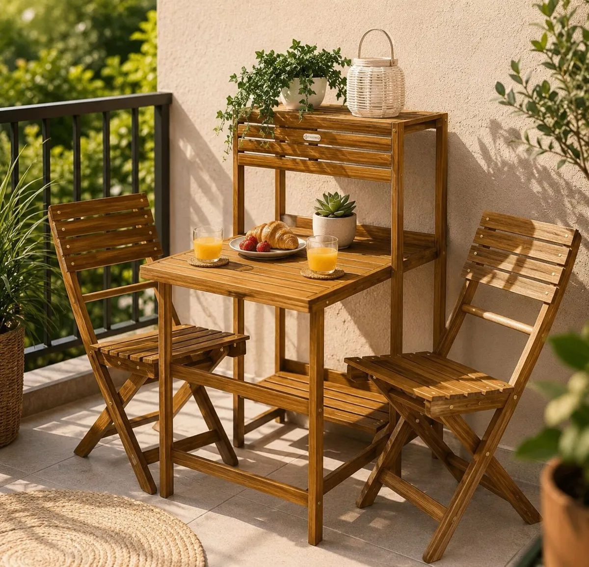 Folding Bistro Set for 2 Acacia Wood with Storage - Image 1