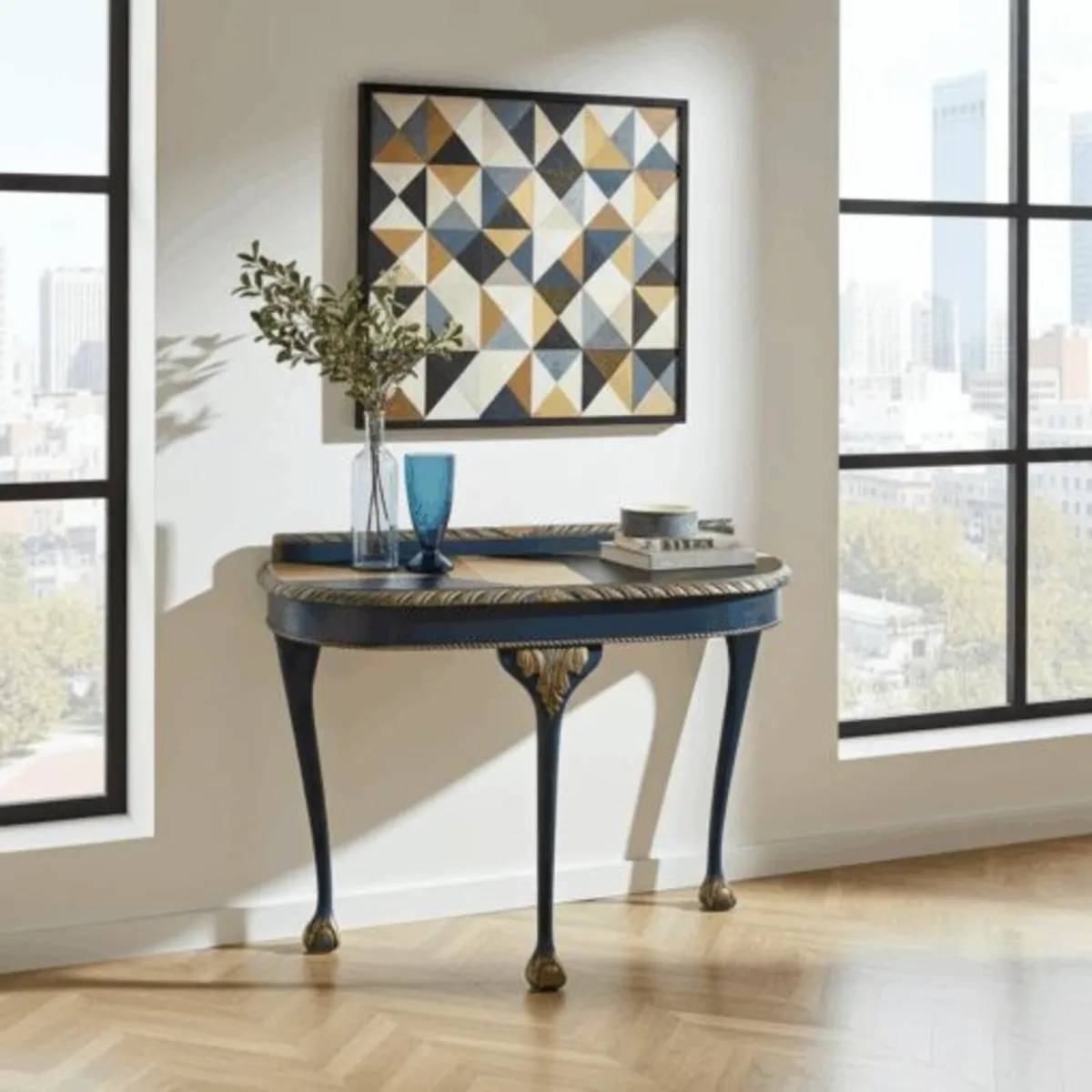 Regal Blue Console Table Hand-Painted Canvas Top - Image 1