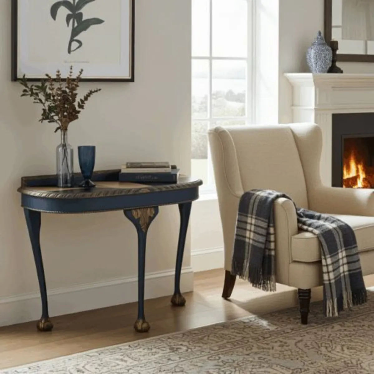 Regal Blue Console Table Hand-Painted Canvas Top - Image 3