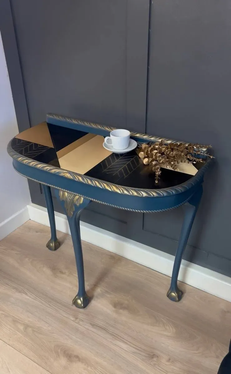 Regal Blue Console Table Hand-Painted Canvas Top - Image 2
