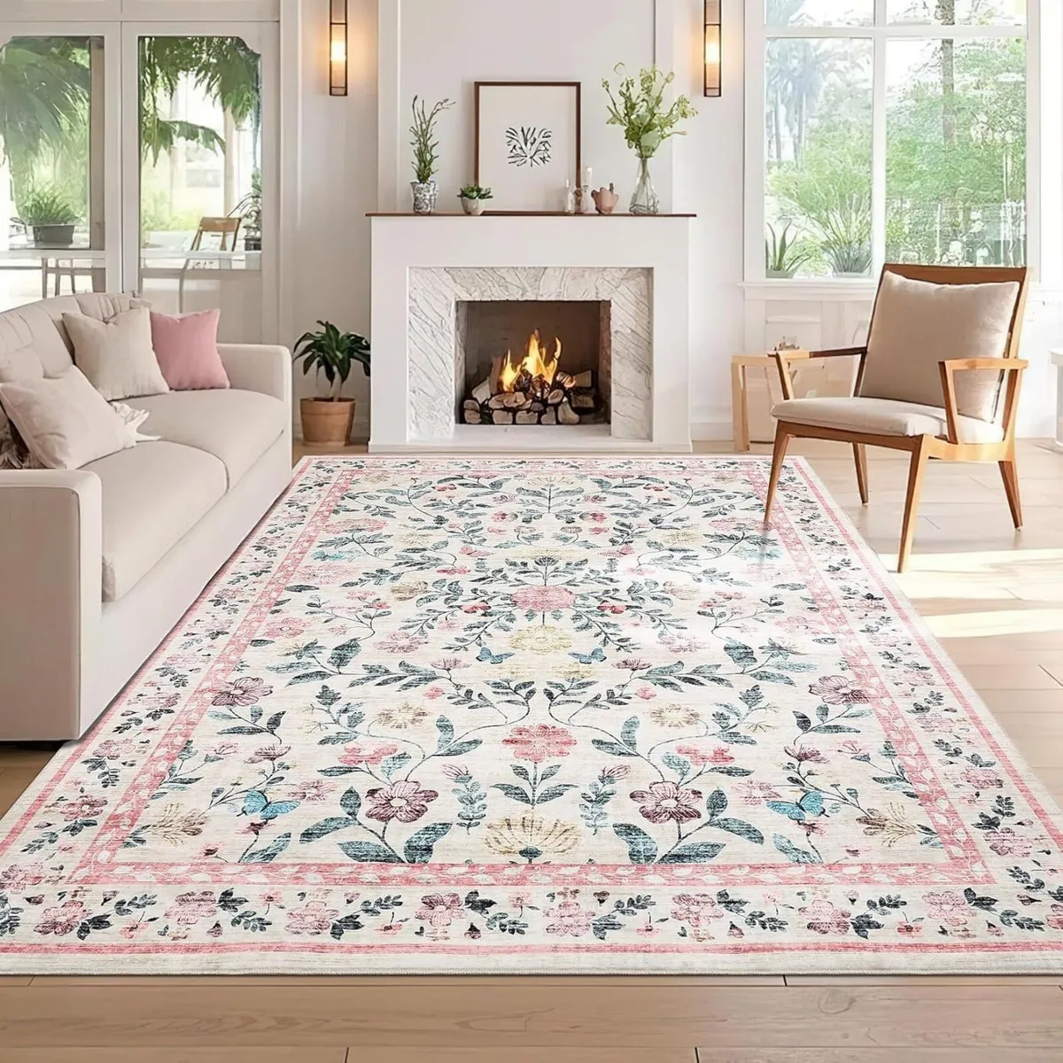 200x290 cm Large Floral Living Room Rug Non-Slip - Image 1