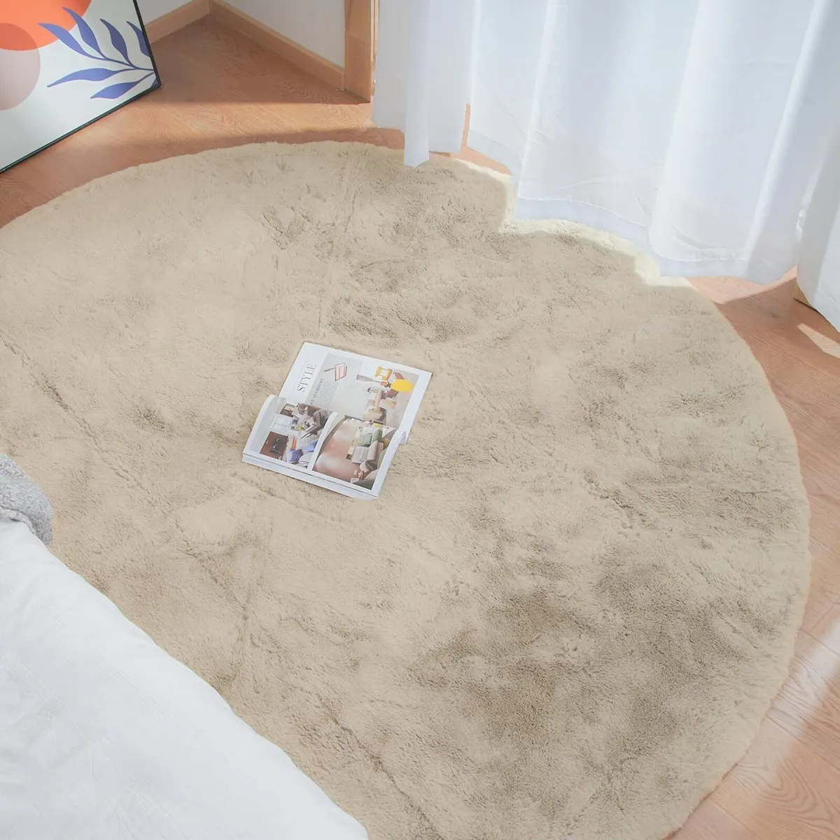 Round Rug Beige Washable Fur Fluffy Faux Short - Image 2