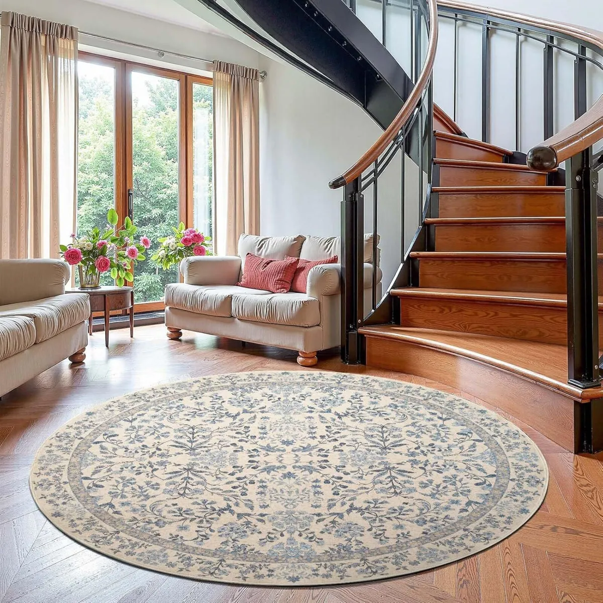 Vintage Floral Round Rug 180cm Soft Machine - Image 4