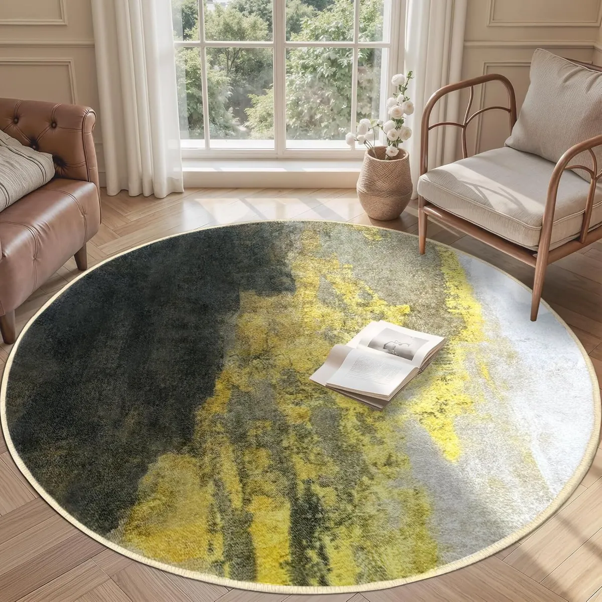 Round Living Room Rug 200cm Modern Gold Abstract - Image 1